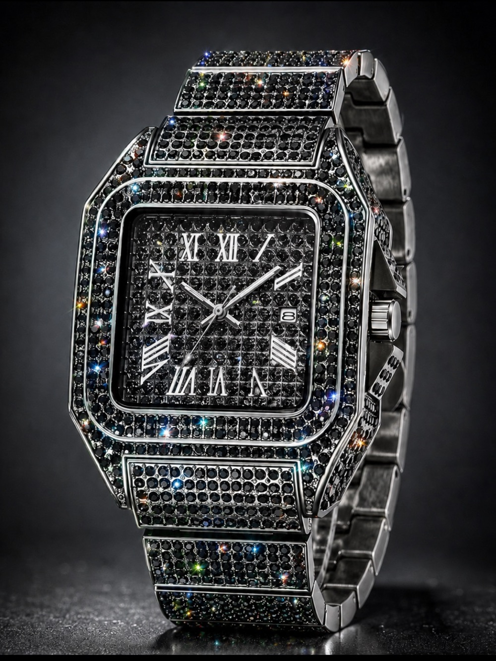 Black Simulated Diamond Bust Down Watch Stainless Steel Iced Out Roman Dial